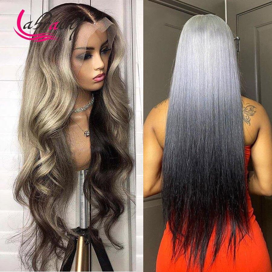 40 Inch 13x6 Highlight Ash Grey HD Lace Frontal Human Hair Wigs Ombre 613 Blonde Front Wig Full Body Wave Pre Plucked Woman 13x4 - Bianca's hair and beauty supply